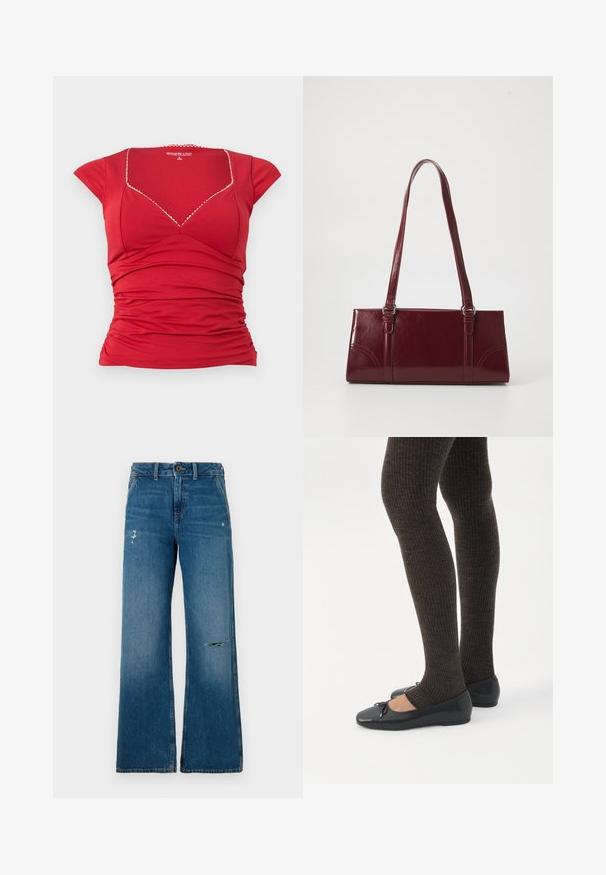 Top rojo ajustado de manga corta con escote cuadrado, ribete blanco sutil con bordes ondulados y detalles fruncidos en la cintura.; Jeans de mezclilla azul de piernas anchas con una textura desgastada, que presentan dos áreas desgastadas en la parte frontal, un cierre de botón y diseño de cinco bolsillos.; Piernas con leggings oscuros acanalados combinados con bailarinas negras que presentan pequeños detalles de lazo sobre un fondo blanco.; Bolso burdeos hecho de material brillante, de forma rectangular, con dos asas para el hombro y sutiles acentos curvados en la parte frontal.