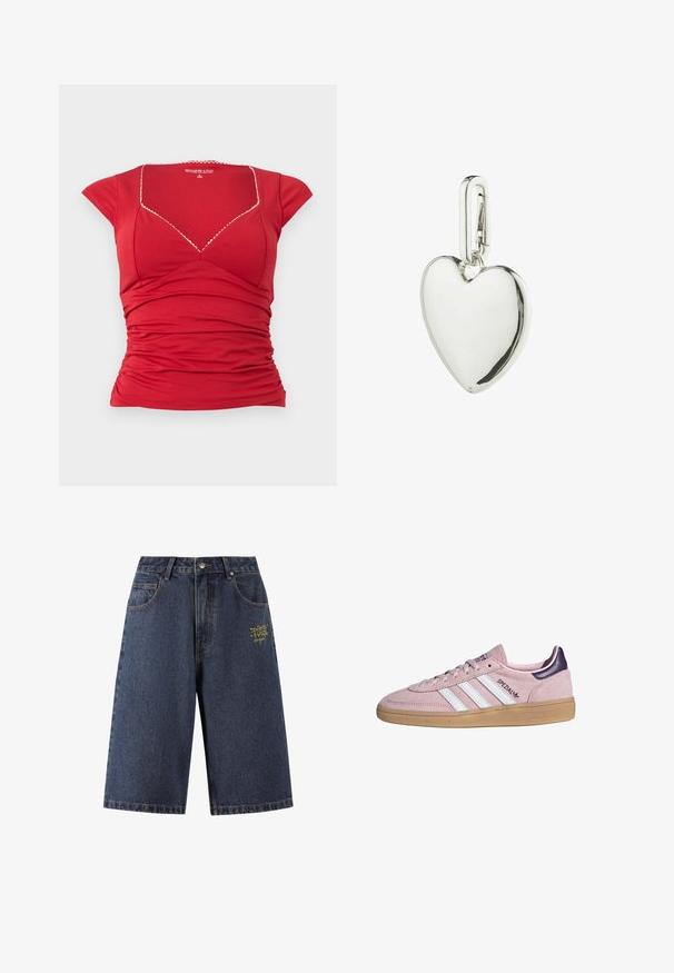 Rode nauwsluitende top met korte mouwen, vierkante halslijn, subtiele witte getande rand en geplooide details ter hoogte van de taille.; Donkerblauwe denimshorts met een losse pasvorm, vijf zakken, gouden geborduurde tekst op de voorkant en contrasterende stiksels langs de naden.; Roze suède Adidas sneaker met witte strepen, rubberen zool, paarse hieltab en "SPEZIAL" branding aan de zijkant.; Zilveren hartvormige hanger, gepolijst afwerking, met een ronde bovenkant en puntige onderkant, voorzien van een veilige clipbevestiging.