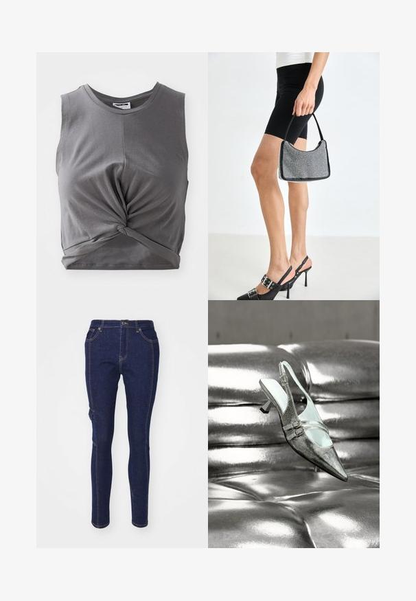 Sivý bezrukávový crop top vyrobený z jemnej bavlny, so zúženým predným detailom a priliehavým strihom. Hladká textúra s okrúhlym výstrihom.; Tmavomodré denimové džínsy s úzkym strihom, s klasickým piatym vreckovým dizajnom a kontrastným oranžovým prešívaním. Bez výrazných vzorov alebo akcentov.; Strieborná sandála na vysokom opätku so zadným pásikom a dvoma prackami, ležiaca na lesklom, prešívanom striebornom koženom povrchu.; Čierna korálková kabelka s zakriveným siluetom, nosnou rukoväťou a lesklou textúrou. Nosená s vysokými čiernymi topánkami na opätku a priliehavými čiernymi šortkami.