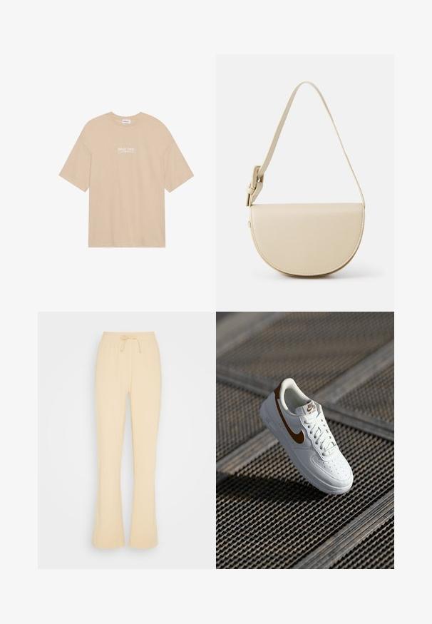 Beige puuvillane T-särk, millel on ümmargune kaelus ja lühikesed varrukad. Ees on trükitud "PACIFIC COAST California" valgete tähtedega.; Envii ONYX PANTS - Dresside alumine osa - irish cream; Valged nahast tossud, millel on augud, pruun Nike swoosh ja paelad. Iseloomulik tekstuuriga talla ja polsterdatud kraega.; HVISK NOMI SOFT STRUCTURE - Käekott - bone white