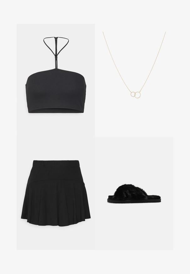 Calvin Klein Q-NOVA HALTER BANDEAU BRALETTE - Top - black; Schwarzer, ausgestellter Minirock aus weichem, dehnbarem Material mit einem elastischen Taillenbund für Komfort und einem glatten Saum. Keine zusätzlichen Muster oder Akzente.; Schwarze, pelzige Slipper-Sandalen mit einer weichen Textur, offener Zehenpartie und flacher schwarzer Sohle. Keine sichtbaren Beschläge oder Muster.; Goldene Halskette mit zwei miteinander verbundenen, kreisförmigen Anhängern an einer feinen Kette. Glatte Textur mit minimalistischer Gestaltung.