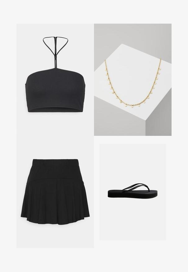 Calvin Klein Q-NOVA HALTER BANDEAU BRALETTE - Top - black; Falda corta negra acampanada hecha de una tela suave y elástica con una cinturilla elástica para mayor comodidad y un dobladillo liso. Sin patrones o acentos adicionales.; Chancla negra de goma con suela texturizada y correa en forma de Y, mostrada en vista lateral sobre un fondo liso y claro.; Collar de cadena de oro con pequeños colgantes redondos y texturizados espaciados uniformemente a lo largo de la longitud, con un acabado pulido y eslabones delicados.