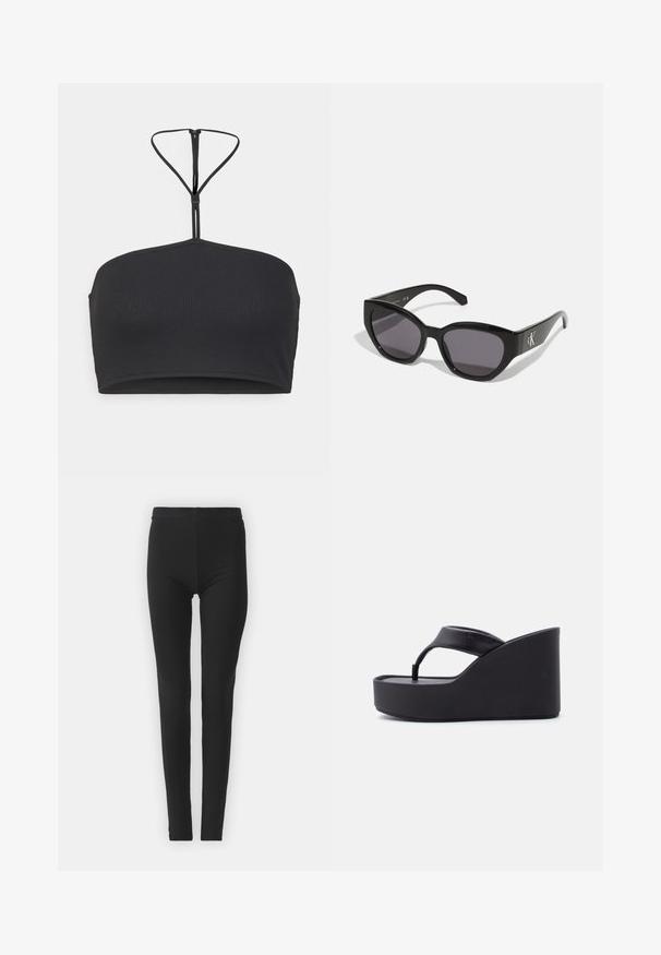 Calvin Klein Q-NOVA HALTER BANDEAU BRALETTE - Top - black; Sorte, strækbare leggings med en tætsiddende pasform, der har høj talje og en glat tekstur. Ingen synlige mønstre eller hardwaredetaljer.; Sort platform-kile-sandal med bred thong-rem og forhøjet sål, designet til afslappet brug.; Sorte solbriller med et strømlinet, vinklet design, mørke linser og et kontrasterende sølvlogo på siden. Glat plastoverflade.