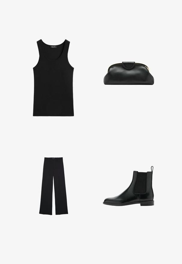 Sort ærmeløs tanktop med rund halsudskæring, lavet af glat stof, viser en lille mærkeetiket inde i kraven.; Sorte bredbenede bukser lavet af et glat stof. Har en klassisk pasform, forlommer og en talje med knaplukning.; Sort læder Chelsea støvle med elastisk sidepanel, rund tå, lav hæl og løftestrop bagpå. Glat tekstur og minimalistisk design.; Sort læderclutch med guldfarvet metalramme og tryklukning på hvid baggrund.