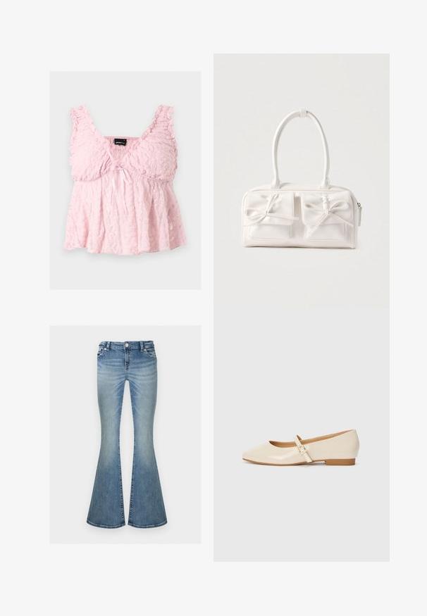 Lyserød blonde cropped top med flæse stropper, V-halsudskæring og lille sløjfe foran i midten.; Lyseblå falmede denimjeans med høj talje og vide, flagrende ben, med forlommer og knaplukning.; Beige patentlæder balletflade med firkantet tå, lille hæl og justerbar ankelrem med guldspænde accent.; Hvid syntetisk håndtaske med to forlommer, hver med en bundet sløjfedetalje. Glat tekstur, afrundede håndtag og lynlås lukning.
