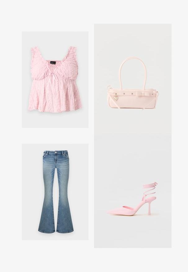 Ανοιχτό ροζ cropped top από δαντέλα με βολάν στα τιράντες, V-λαιμόκοψη και μικρό φιόγκο μπροστά στο κέντρο.; Ανοιχτό μπλε ξεθωριασμένο τζιν με ψηλή μέση και φαρδιά καμπάνα στα πόδια, με μπροστινές τσέπες και κούμπωμα με κουμπί.; Ροζ ψηλοτάκουνα παπούτσια με μυτερή μύτη, σατινέ φινίρισμα και λουράκι αστραγάλου με διασταυρωτές λεπτομέρειες. Λεπτή σιλουέτα και λεπτό τακούνι.; Ανοιχτό ροζ ορθογώνια τσάντα χειρός με διπλές λαβές, διακοσμητικό φιόγκο, μεταλλικές οπές και μικρό γοησάκι σε σχήμα καρδιάς σε μονόχρωμο φόντο.