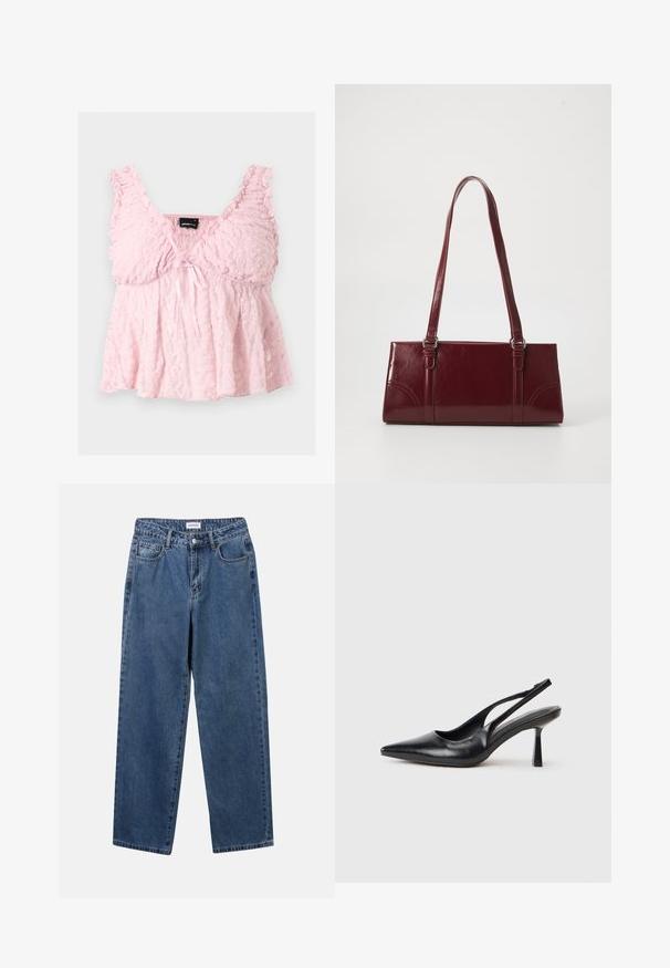 Svetloružový čipkovaný crop top s volánikovými ramienkami, výstrihom do V a malou mašličkou v strede vpredu.; Klasické modré džínsy z denimu so strihom rovného strihu, piatimi vreckami a zapínaním na gombík. Majú stredné praním a pevnú textúru.; Čierna kožená sandálová vysoká topánka s špicatou špičkou a štíhlým podpätkom na bielom pozadí.; Bordová kabelka vyrobená z lesklého materiálu, obdĺžnikový tvar, s dvoma ramennými popruhmi a jemnými zakrivenými akcentmi na prednej strane.