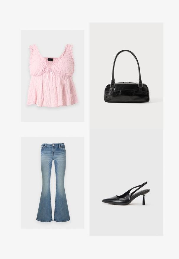 Light pink lace crop top with ruffled straps, V-neckline, and small bow tie at center front.; Light blue faded denim jeans with a high waist and flared wide legs, featuring front pockets and a button closure.; Black leather slingback high heel shoe with pointed toe and slim heel on a white background.; Black leather handbag with a rectangular shape, featuring a single structured handle, silver hardware, and zip closure. Smooth texture.