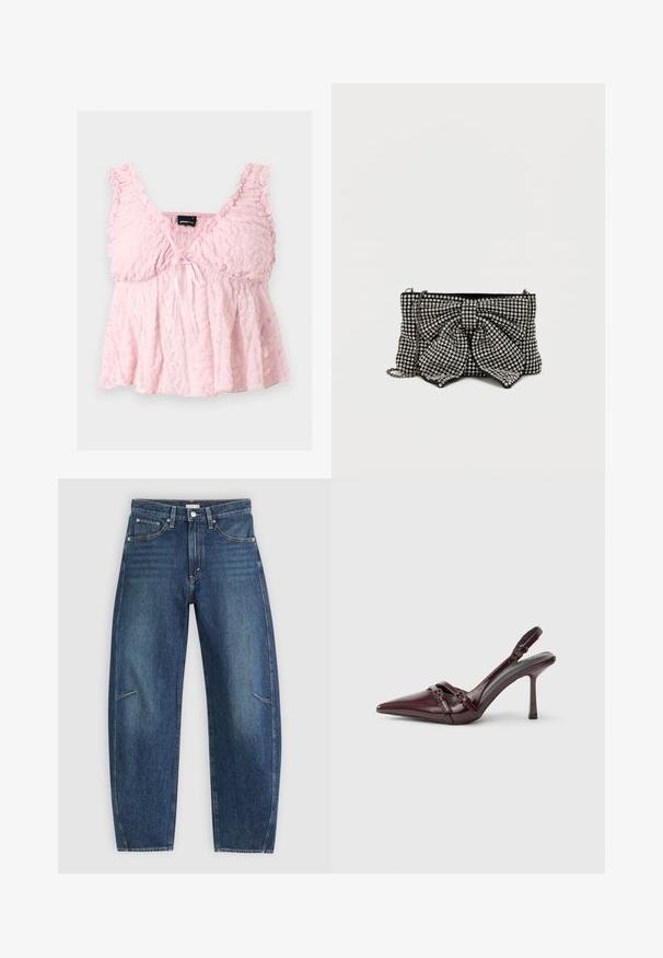 Lichtroze kanten cropped top met geplooide bandjes, V-hals en klein strikje middenvoor.; Donkerblauwe denim jeans met een recht afgesneden ontwerp, voorzien van voorzakken, contrasterende stiksels en een subtiele vervaagde textuur op de broekspijpen.; Bordeauxrode lakleren slingback met puntige neus, dunne enkelband en kleine decoratieve gespsluiting. Gladde textuur en hoge hak.; Zwarte clutch met een grote strik, versierd met zilveren studs, met een kettinghengsel en een gestructureerd oppervlak dat het licht vangt.
