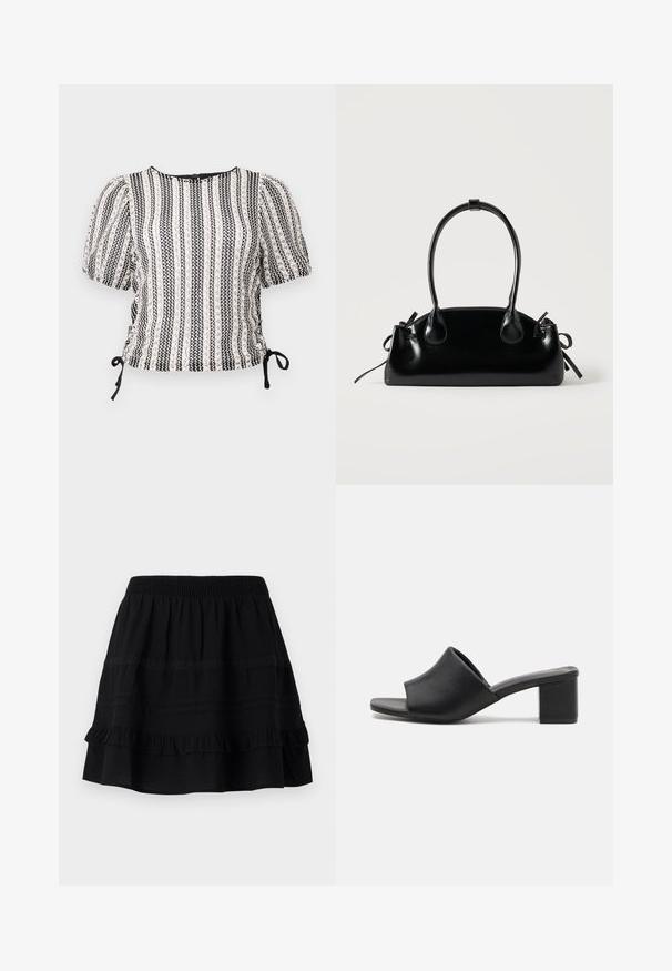 Blouse rayée noir et blanc avec des manches bouffantes, des côtés froncés et des liens réglables. Tissu texturé avec un doux éclat. Encolure ronde.; Jupe en coton noir avec un design à volants superposés, dotée d'une taille élastique et d'ornements en couture contrastée et en bandes de dentelle.; Mules à talons carrés en cuir noir avec un bout ouvert, présentant une surface lisse et un upper légèrement courbé pour le confort et le style.; Petit sac à main noir brillant avec deux longues anses et des détails à cordon sur les côtés sur un fond clair uni.