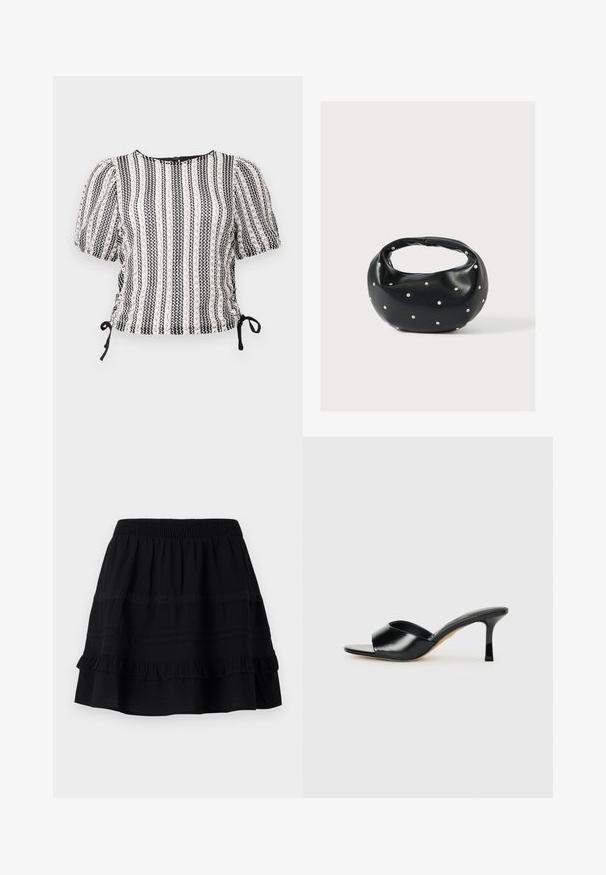 Schwarze und weiße gestreifte Bluse mit Puffärmel, gerafften Seiten und verstellbaren Bindebändern. Texturiert mit einem soft glänzenden Stoff. Rundhalsausschnitt.; Schwarzer Baumwollrock mit einem gestuften Rüschendesign, ausgestattet mit einem elastischen Bund und Verzierungen aus kontrastierenden Nähten und Spitzenbändern.; Schwarze Leder-Pumps mit hohen Absätzen und offenem Zehenbereich sowie einem breiten, geschwungenen Oberriemen. Glatte Textur und schlanker Silhouette.; Schwarze Lederhandtasche mit abgerundeter Form, verziert mit silbernen Nietenakzenten und kurzem Griff. Glatte Struktur und Reißverschlussverschluss.