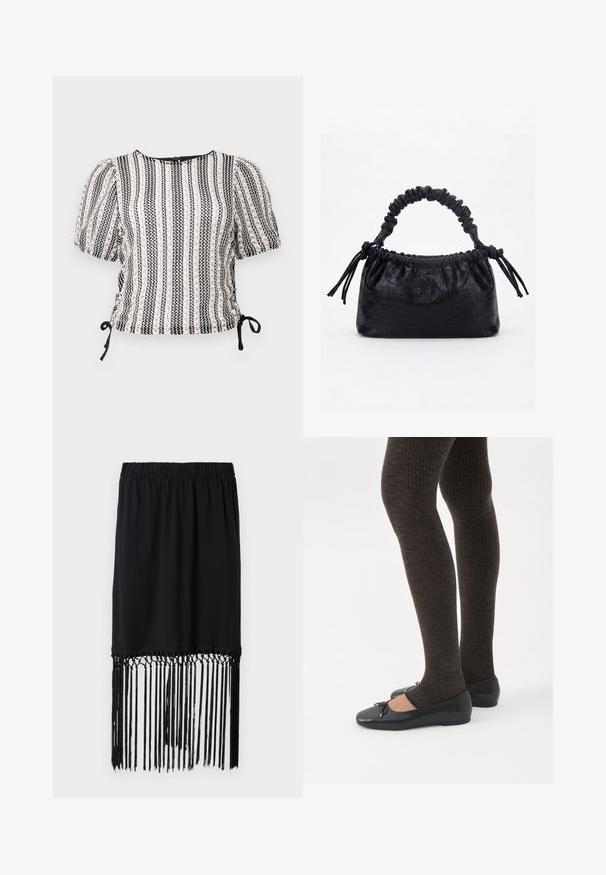 Blusa de rayas en blanco y negro con mangas abullonadas, lados fruncidos y lazos ajustables. Tejido texturizado con un suave brillo. Cuello redondo.; Falda negra con cintura elástica y dobladillo con flecos. Los flecos están hechos de hilos finos, aportando textura y detalle al diseño.; Piernas con leggings oscuros acanalados combinados con bailarinas negras que presentan pequeños detalles de lazo sobre un fondo blanco.; Bolso negro con textura de cocodrilo, borde superior fruncido, asa recogida y cordones con borlas en cada lado sobre un fondo blanco.