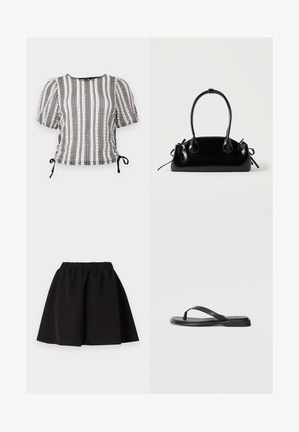 Blusa de rayas en blanco y negro con mangas abullonadas, lados fruncidos y lazos ajustables. Tejido texturizado con un suave brillo. Cuello redondo.; Falda negra con cintura elástica, forma en línea A y dobladillo a la altura de la rodilla, diseño liso, mostrada extendida sobre un fondo blanco.; Chancla negra de piel suave, con un diseño de tira delgada y una suela plana de perfil mínimo. Sin patrones ni acentos notables.; Pequeño bolso negro brillante con dos asas largas y detalles de cordón lateral sobre un fondo claro liso.