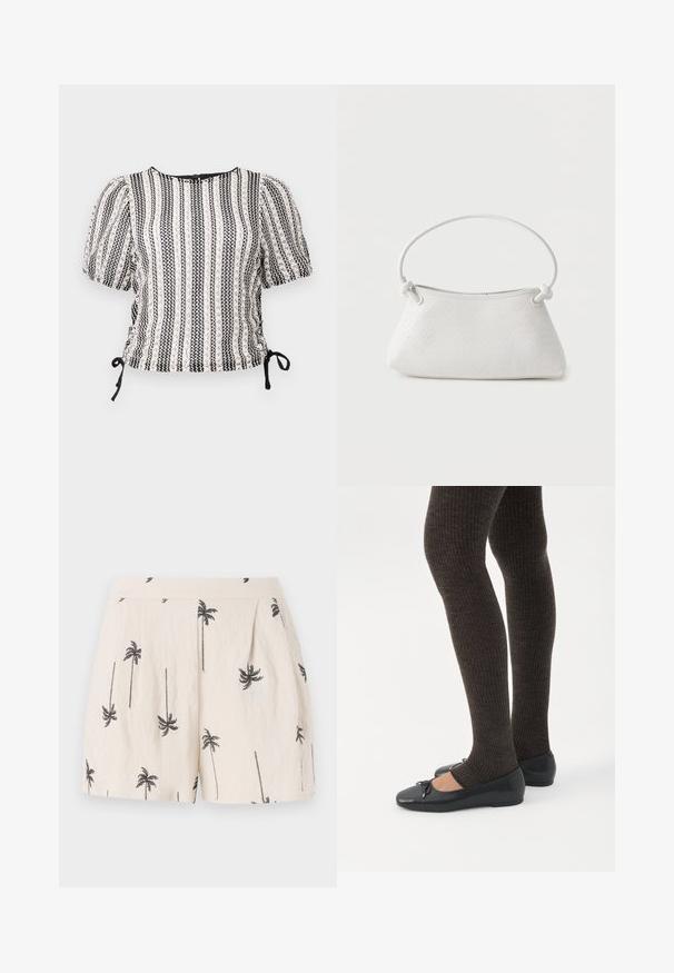 Blusa de rayas en blanco y negro con mangas abullonadas, lados fruncidos y lazos ajustables. Tejido texturizado con un suave brillo. Cuello redondo.; Pantalones cortos de un beige claro con patrón de palmeras negras, que cuentan con pliegues en la parte frontal y una textura de tela suave y ligera.; Piernas con leggings oscuros acanalados combinados con bailarinas negras que presentan pequeños detalles de lazo sobre un fondo blanco.; Bolso de mano de cuero blanco tejido con asa redondeada y extremos de la correa anudados, exhibido sobre un fondo liso.
