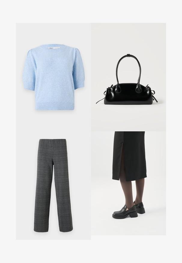 Hele sinise lõngaga kootud sviiter ümmarguse kaeluse, lühikeste puhvärvide ja soonikkoes hemiga. Pehme tekstuur õrnalt marli mustriga.; Vero Moda VMBERLIN WIDE PANT - Püksid - dark grey/black; Naine, kes kannab musta kõva kontsaga loafer-kingi, läbipaistvaid musti sukkpükse ja musta seelikut tagumise lõhikuga valgel taustal.; Väike must läikiv käekott kahe pika sangaga ja külgedel paelakinnitustega, ühel lihtsal helel taustal.