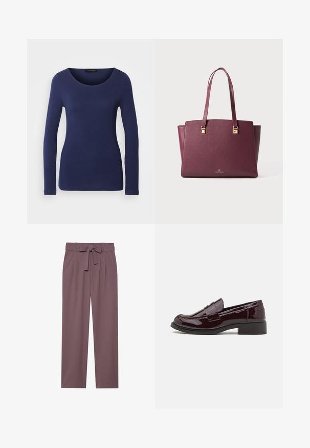 Marineblå langærmet T-shirt lavet af blødt materiale med rund halsudskæring og tætsiddende design. Ingen synlige mønstre eller accenter.; Plumfarvede bukser med bred benstørrelse, bæltet talje, plisseret front og glat tekstur. Har sidelommer og skræddersyet design.; Bordeaux patenterede læderslippers med en lav blokhæl, der har traditionel syning og en stropdetalje over forfoden.; Bordeaux tote taske med en struktureret form, tekstureret syntetisk materiale, to lange håndtag og guldfarvede metaldele. Brandlogo nederst.