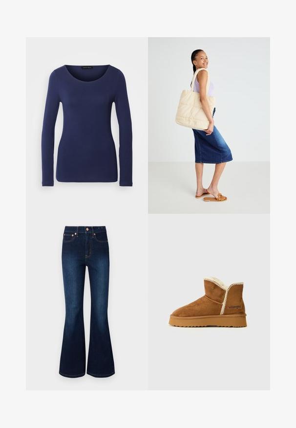 Marineblauw langemouwen T-shirt van zacht materiaal met een ronde halslijn en een getailleerd ontwerp. Geen zichtbare patronen of accenten.; Flared donkerblauwe jeans met een hoge taille, gemaakt van denim. Voorzien van koperen hardware en een klassiek vijf-pocket ontwerp. Soepele textuur.; Bruine suède enkellaars met een crèmekleurige nepbontvoering, geschulpt rand en rubberen zool. Voorzien van "W" logo en contrasterende stiksels.; Gevoerde beige tote bag met dikke handvatten, ruim ontwerp en zachte textuur, vastgehouden door een persoon in een lichtpaarse top en een blauwe spijkerrok.