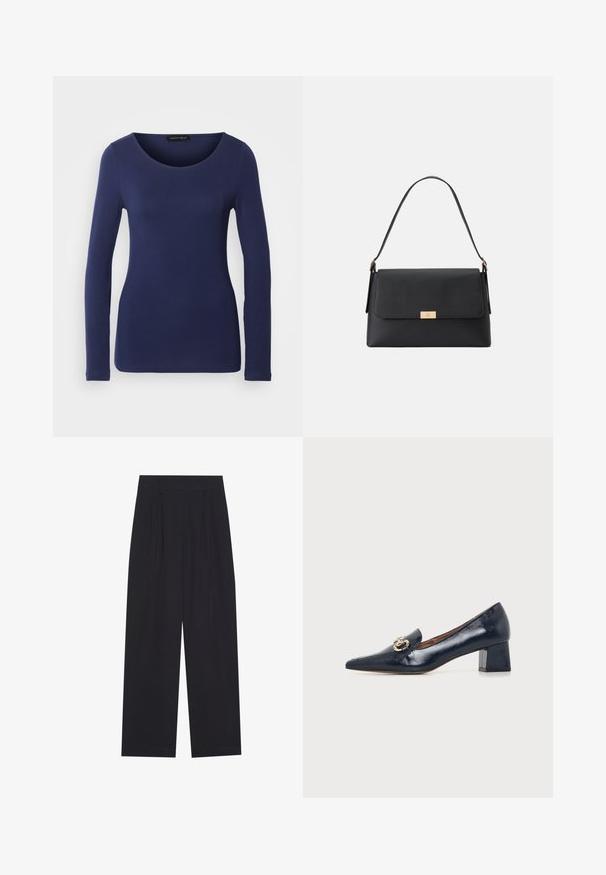 Camiseta de manga larga en color navy, hecha de material suave, con un escote redondo y un diseño ajustado. Sin patrones ni acentos visibles.; Pantalones anchos negros de tela suave, con pliegues, cinturilla plana y sin bolsillos ni adornos visibles.; Zapato de mujer de piel sintética azul marino con tacón bajo y ancho, punta puntiaguda y detalle de cadena dorada en el empeine.; Bolso de mano negro hecho de un material texturizado con una forma estructurada. Presenta un cierre de solapa, un acento en tono dorado y un asa sencilla.