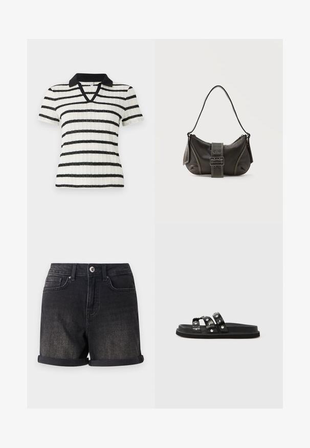 Chemise blanche à manches courtes avec des rayures horizontales noires et un col polo noir. Design en V avec texture côtelée.; Shorts en denim noir avec un ourlet roulé, un design à cinq poches et une fermeture à bouton à l'avant. Le tissu a une finition légèrement délavée.; Sandales noires à glissière avec trois larges brides, ornées de clous argentés. Matière en cuir lisse avec une semelle plate et une semelle intérieure texturée.; Sac à épaule en cuir noir avec une sangle à boucle, des bords arrondis et des coutures blanches contrastées sur un fond uni.