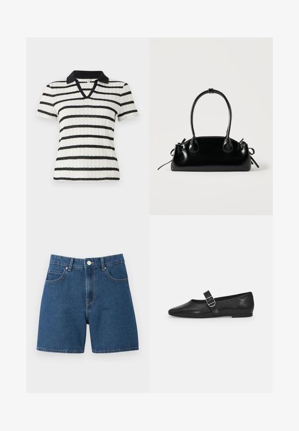 Hvid kortærmet skjorte med sorte vandrette striber og en sort polo-krave. V-hals design med ribbet struktur.; Mørkeblå denimshorts med en klassisk fem-lomme design, knaplukning og lige skæring med minimale syninger.; Sorte læder flade sko med rund tå, et enkelt justerbart spænde og en glat, blank overflade. Minimalistisk design med en lav hæl.; Lille sort blank håndtaske med to lange håndtag og snøre-detaljer i siden på en ensfarvet lys baggrund.