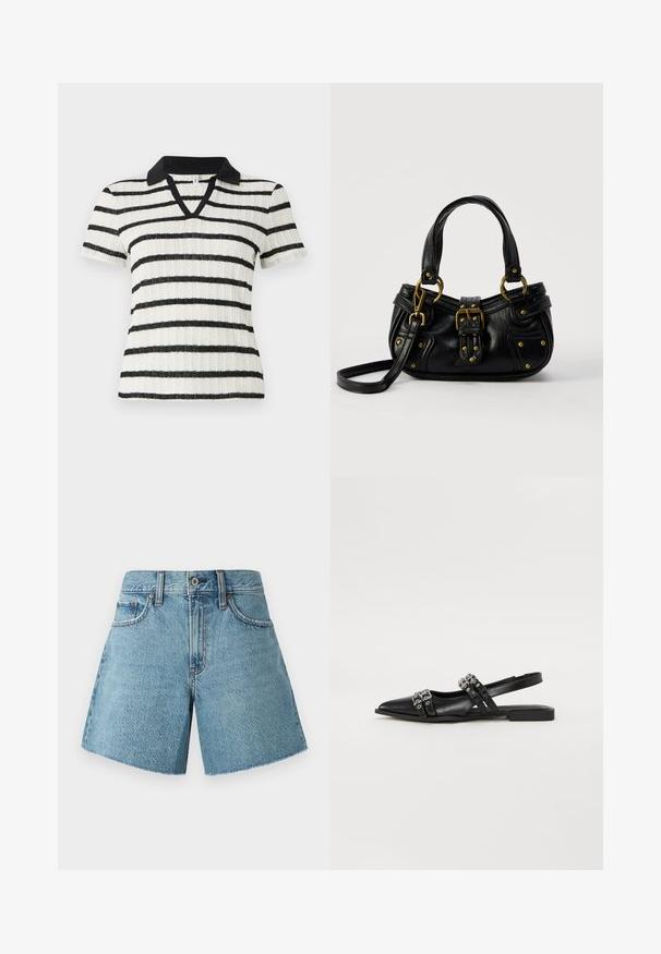 Weiße Kurzarmbluse mit schwarzen horizontalen Streifen und einem schwarzen Polokragen. V-Ausschnitt-Design mit gerippter Textur.; Jeansshorts in hellblau, mit hohem Bund, fünf Taschen und rohem Saum. Hergestellt aus strukturiertem Baumwollstoff mit klassischem Design.; Even&Odd Sling-Ballerina - black; Schwarze Lederhandtasche mit goldener Schnalle und Nieten, kurzen Griffen und einem verstellbaren Schultergurt vor einem schlichten weißen Hintergrund.