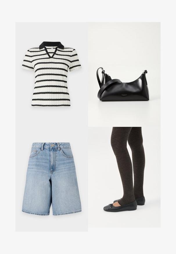 Hvid kortærmet skjorte med sorte vandrette striber og en sort polo-krave. V-hals design med ribbet struktur.; Sandyblå denimshorts med høj talje, vide ben og forlommer. Har en øverste knap og lynlåslukning. Slidt look.; Ben iført mørke ribbede leggings kombineret med sorte balletsko med små sløjfedetaljer på hvid baggrund.; Sort læderhåndtaske med en glat tekstur. Har en justerbar stropp og et enkelt, minimalistisk design med lynlås.