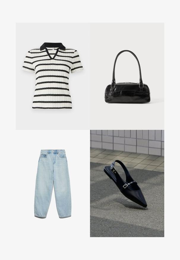 Valge lühikeste varrukatega särk mustade horisontaalsete triipudega ja musta polo kraega. V-kaeluse disain ribakudumisega.; Heledad sinine denim naisest suits, millel on mugav lõige, kõrge talje ja laied jalad, kergelt kulunud tekstuuri ja klassikaline viie taskuga disain.; Mustad terava ninaga madalad slingback-tossud topeltpandlatega, mis on asetatud hallile asfaldile plaatseina taustal.; Must must beebkott, millel on ristkülikuline kuju, ühekordne tahke käepide, hõbedased detailid ja lukuga sulgemine. Sile tekstuur.