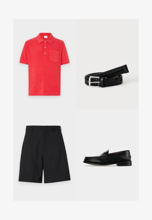 Polo rouge en tissu éponge doux, avec un col classique, une patte de boutonnage à trois boutons, et une poche plaquée sur la poitrine gauche.; Shorts noirs en tissu lisse avec un design ajusté, présentant un devant plat et deux poches latérales, ainsi qu'une taille régulière.; Mocassin homme en cuir noir avec un petit talon et une couture de style mocassin sur l'avant, vu de côté sur un fond uni.; Ceinture en cuir tressé noir avec boucle argentée enroulée sur une surface blanche.