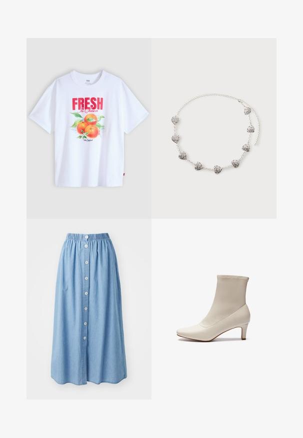 Witte T-shirt met korte mouwen en rode tekst "FRESH In Season" en een afbeelding van drie sinaasappels met groene bladeren op de voorkant.; Lichtblauwe denim rok met een elastische tailleband en een rij van zes knopen aan de voorkant. Knie-lang met een losse, vloeiende stijl.; Witte enkelboot gemaakt van glad leer met een spitse neus en een korte, taps toelopende hak. Beschikt over een minimalistisch ontwerp en een naadloos bovenwerk.; Zilveren ketting met acht kleine hartvormige hangers voorzien van ingewikkelde krulpatronen, plat liggend op een lichte achtergrond.