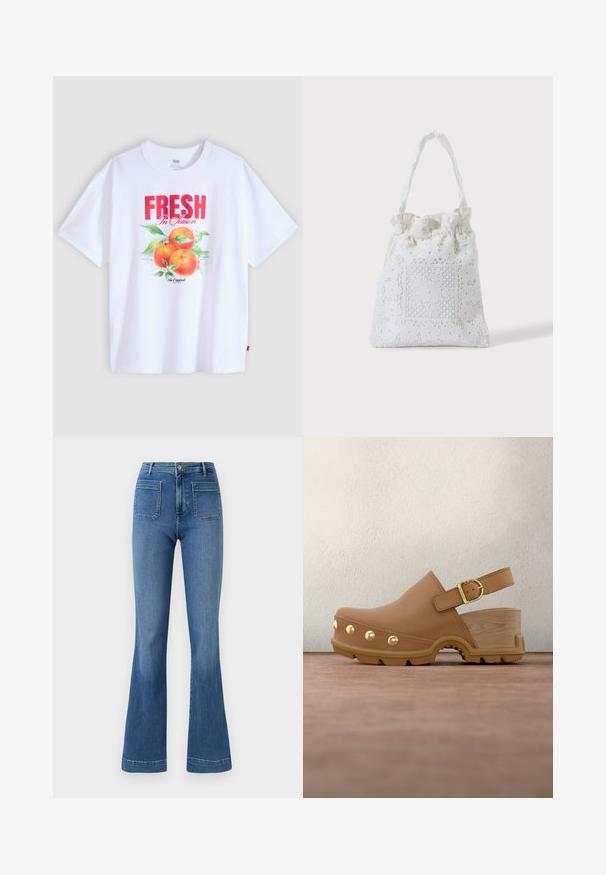 Weißes T-Shirt mit kurzen Ärmeln, rotem Aufdruck "FRESH In Season" und einer Grafik mit drei Orangen und grünen Blättern auf der Vorderseite.; Ausgestellte blaue Jeans aus Denim mit normaler Bundhöhe, ausgestattet mit zwei Gesäßtaschen und einer sauberen Saumlinie. Glatte Textur und klassisches Design.; Brauner Lederclog mit Holzblockabsatz, goldenen Nieten entlang der Sohle und verstellbarem Knöchelriemen mit goldener Schnalle.; Weiße Stofftasche mit Spitzenblumenstickerei und einem gerafften oberen Griff, gezeigt vor einem schlichten hellen Hintergrund.
