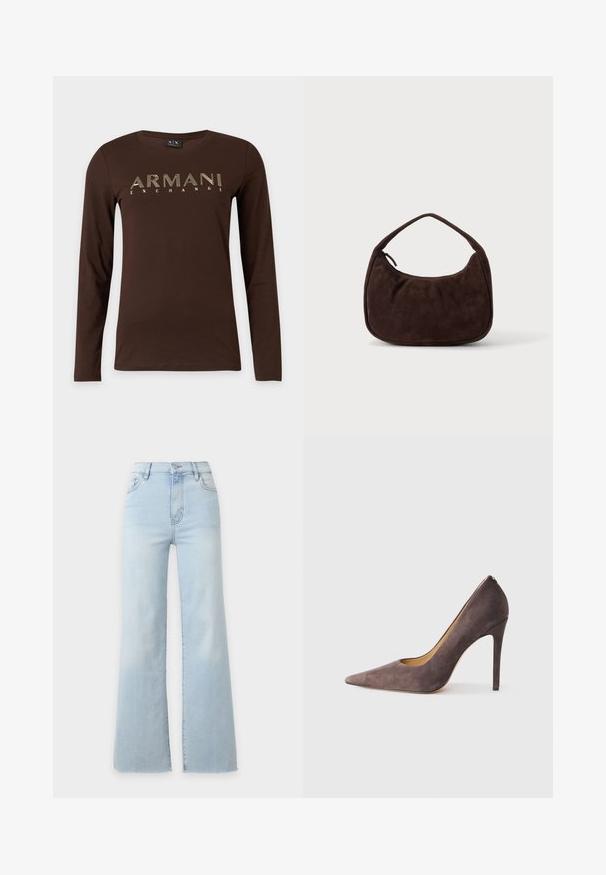 Chemise marron à manches longues avec col rond et "ARMANI EXCHANGE" imprimé en grandes lettres beige en contour sur la poitrine.; Jean en denim bleu clair taille haute avec jambes larges, fermeture à boutons et zip à l’avant, et poches avant, présenté sur un fond uni.; Escarpin en daim gris à talon haut avec un bout pointu et une silhouette épurée. Présente une finition lisse et un talon étroit pour un look moderne.; Sac à main en daim marron foncé avec une courte sangle et une forme rectangulaire arrondie sur un fond uni clair.