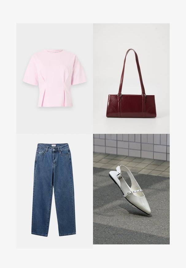 Lichtroze top met korte mouwen, een ronde hals en subtiele plooien aan de voorzijdes, getoond tegen een effen achtergrond.; Klassieke blauwe denim jeans met een rechte pijp, vijf zakken en een knoopsluiting. Heeft een middelgrote wasbeurt en stevige textuur.; Witte puntige slingback platte schoen met twee zilveren gespen, getoond buiten op een getextureerde ondergrond en betegelde muur als achtergrond.; Bourgondische handtas van glanzend materiaal, rechthoekige vorm, met twee schouderbanden en subtiele gebogen accenten aan de voorkant.