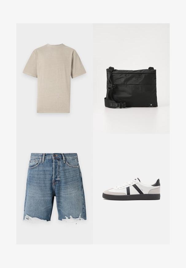 Kortærmet T-shirt i lys beige med rund hals, lavet af blødt stof, med en glat tekstur og et enkelt design uden grafik.; Lys blå denimshorts med en slidt kant, fem-lomme design og synlig syning. Har en knaplukning i taljen.; Hvide sneakers med sorte og grå detaljer, med en tekstureret grå tåhætte, sort gummisål og flade hvide snørebånd. Rent design, minimalistisk stil.; Sort nylon messenger-taske med justerbar rem, fladt design og et sideetiket med et logo. Glat tekstur og minimalistisk stil.