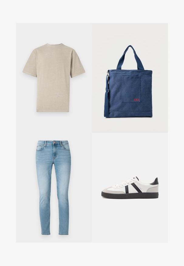 Korte mouwen t-shirt in licht beige met een ronde hals, gemaakt van zacht materiaal, met een gladde textuur en een eenvoudig ontwerp zonder graphics.; Lichtblauwe skinny jeans van denim, met een middelhoge taille, vijf zakken en subtiele vervaging op de dijen. Knopenluiting bij de tailleband.; Witte sneaker met zwarte en grijze accenten, voorzien van een grijze neus met textuur, zwarte rubberen zool en platte witte veters. Schoon ontwerp, minimalistische stijl.; Blauwe canvas tas met voorvak en rode "O.N.S" borduring, voorzien van dubbele handvatten en een verstelbare schouderriem.