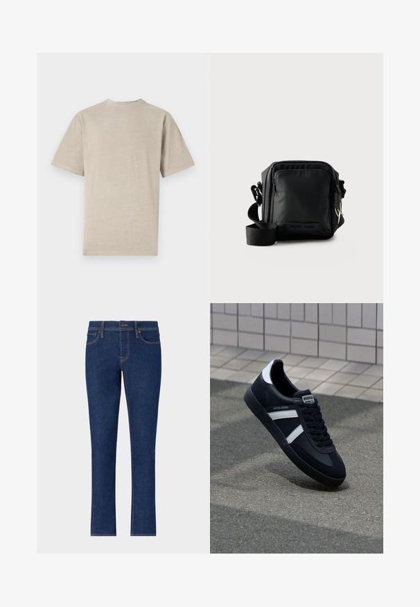 Kurzarm-T-Shirt in hellem Beige mit Rundhalsausschnitt, aus weichem Stoff gefertigt, mit glatter Textur und schlichtem Design ohne Grafiken.; Dunkelblaue Denim-Jeans mit einem geraden Bein-Design, das subtile Nähte, fünf Taschen und einen Knopfverschluss an der Taille aufweist.; Schwarze Leder-Sneaker mit weißen Streifen, strukturiertem Gummisohle und Schnürung. Verfügt über ein Markenetikett auf der Zunge.; Schwarze kompakte Umhängetasche mit vorderer Reißverschlusstasche, verstellbarem Riemen und strukturiertem Stoff vor einfarbigem Hintergrund.