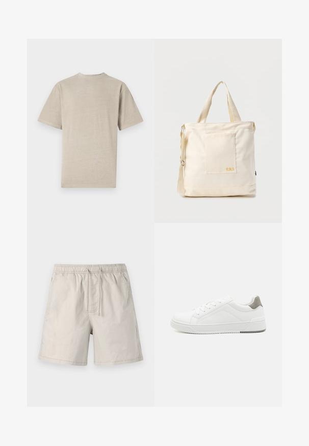 Camiseta de manga corta en beige claro con cuello redondo, fabricada en un tejido suave, que presenta una textura lisa y un diseño simple sin gráficos.; Pantalones cortos beiges hechos de una tela ligera, con cinturilla elástica, cordón y bolsillos laterales con costuras en contraste.; Zapatilla blanca con material de cuero liso, punta redonda, diseño minimalista, acento gris en el talón y suela de goma texturizada.; Bolsa tote de lona color crema con bolsillo delantero, dos asas, correa de hombro ajustable y pequeño texto amarillo "O.N.S" en la parte inferior derecha del bolsillo.