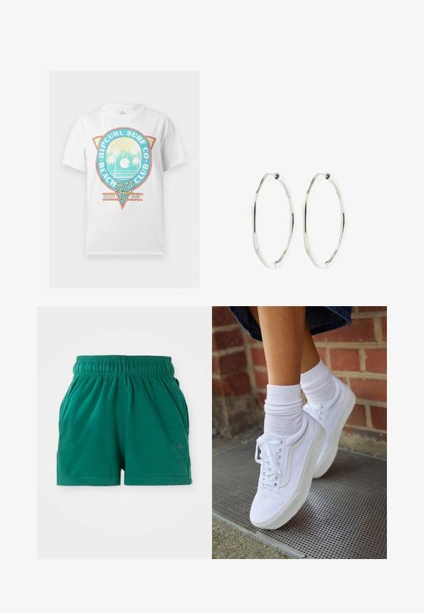 Hvid kortærmet T-shirt med farverigt "Ripcurl Surf Co Beach Club" logo med palmer, sol, fugle og teksten "Surf & Sun Since 1969".; Grønne elastiske casual shorts med sidelommer og en diskret logo på højre ben.; Hvide lærreds sneakers med gummisåler, der har seks snørehuller, rund tå og let sømdetaljer, krydret med hvide ankelstrømper.; Par sølvfarvede ovale hoop øreringe med en let ujævn, bølget form og hængsel-låse på hvid baggrund.