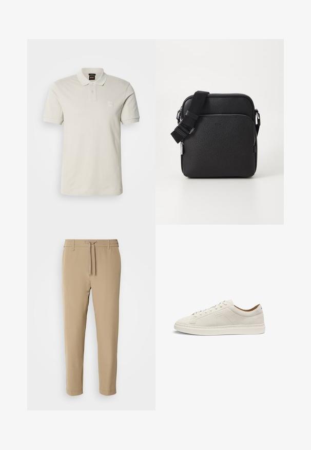 Hellbeiges Poloshirt aus glatter Baumwolle mit klassischem Kragen, kurzen Ärmeln, zwei Knöpfen und einem kleinen Logopatch auf der Brust.; Beige, taillierte Hose mit elastischem Bund und Kordelzug. Glattes Material mit einem schlichten Design ohne sichtbare Muster oder Hardware.; Beiger Wildleder-Sneaker in niedriger Ausführung mit passenden Schnürsenkeln, flacher Sohle und dezentem geprägtem "BOSS"-Logo an der Seite, seitliche Ansicht.; Schwarze Leder-Crossbody-Tasche mit strukturierter Oberfläche, ausgestattet mit einer vorderen Reißverschlusstasche, verstellbarem Riemen und metallenen Hardware-Details.