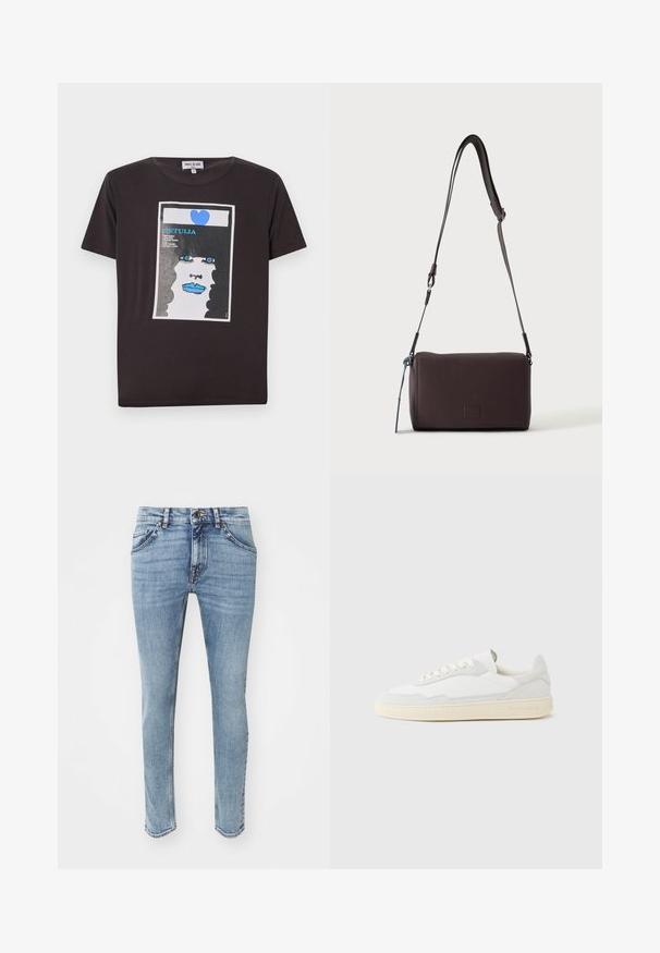 Zwarte katoenen t-shirt met een grafisch ontwerp van het gezicht van een vrouw met blauwe lippen, grote blauwe ogen en een hart, omlijst in een witte rechthoek.; Lichtblauwe denim jeans met een slim fit, vijf zakken, riemlussen en een knoopsluiting. Subtiele slijtplekken zijn aanwezig.; Witte sneaker met een bovenwerk van gestructureerd suède en leer. Voorzien van een afgeronde neus, vetersluiting en een contrasterende beige rubberen zool.; Donkerbruine gestructureerde leren crossbodytas met verstelbare riem en klein decoratief blauw accent aan de zijkant.