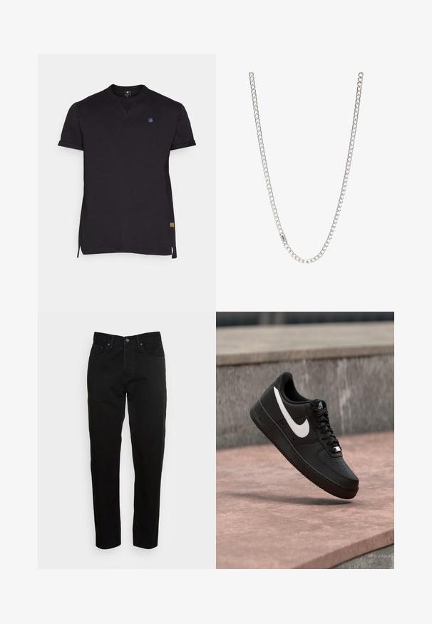 Camiseta negra de manga corta, con cuello redondo, ranuras laterales y pequeño logotipo en el pecho. Está hecha de una tela suave con un diseño liso.; Jeans negros ajustados con cierre de botón frontal y diseño de cinco bolsillos, mostrados sobre un fondo gris claro liso.; Zapatilla Nike Air Force 1 negra con el logo de la marca en blanco, flotando sobre una superficie de piedra y un fondo de pared gris texturizada.; Collar de cadena de plata con eslabones entrelazados, textura suave y forma rectangular uniforme. Detalle de cierre seguro.