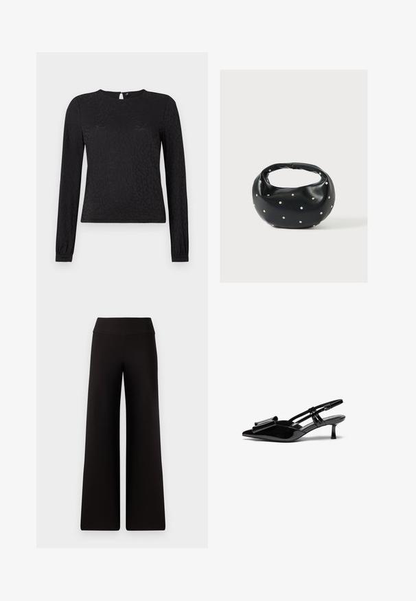 Haut noir à manches longues avec une texture imprimée animalière subtile, col rond et poignets ajustés avec une ouverture en forme de clé au dos.; Pantalons larges noirs avec une taille lisse, fabriqués dans un matériau doux. Présentent une coupe ample et des détails de couture minimaux.; Talons aiguilles en cuir verni noir avec un bout pointu, un détail en nœud à l'avant et un petit talon stiletto. Les brides sont équipées de boucles ajustables.; Sac à main en cuir noir de forme arrondie, décoré de clous argentés et équipé d'une poignée courte. Texture lisse et fermeture éclair.
