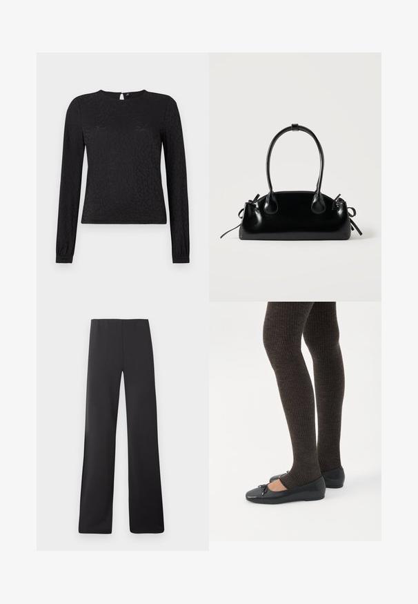 Haut noir à manches longues avec une texture imprimée animalière subtile, col rond et poignets ajustés avec une ouverture en forme de clé au dos.; Pantalons larges noirs en tissu lisse, dotés d'une taille haute et d'un design pleine longueur, sans motifs ni éléments apparents.; Jambes portant des leggings côtelés foncés associés à des ballerines noires avec de petits détails en nœud sur fond blanc.; Petit sac à main noir brillant avec deux longues anses et des détails à cordon sur les côtés sur un fond clair uni.