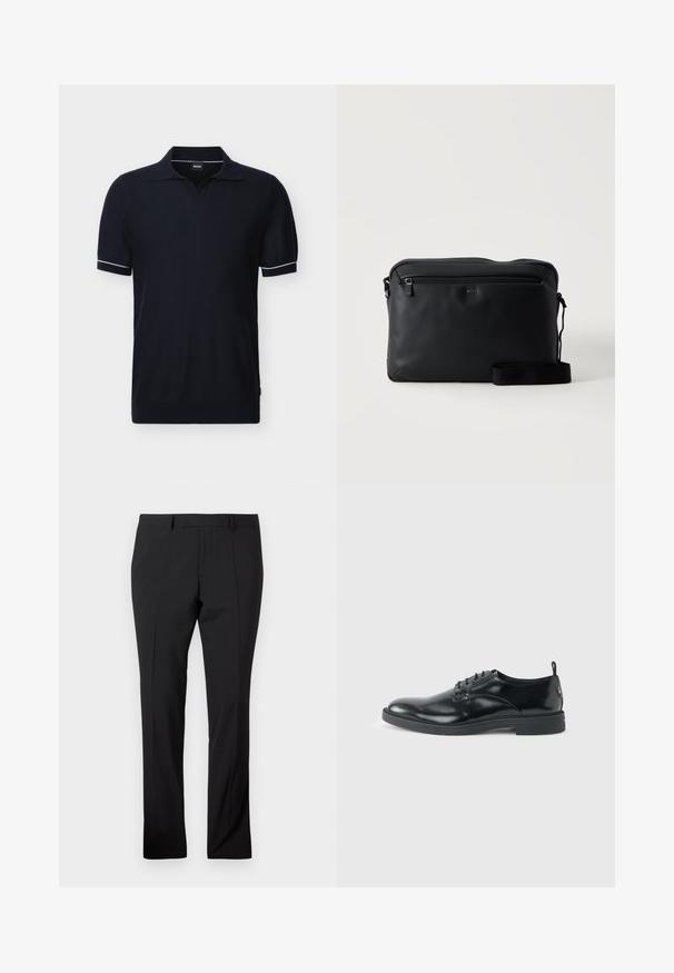 Schwarzes Poloshirt mit kurzen Ärmeln, weißem Besatz an den Bündchen und offenem Kragen, präsentiert vor einem einfachen hellen Hintergrund.; Schwarze maßgeschneiderte Hose mit Gürtelschlaufen, vorderer Bügelfalte und geradem Beinaufschnitt auf einem schlichten weißen Hintergrund.; Glänzender schwarzer Lederschuh mit niedrigem Absatz, Schnürverschluss und runder Kappe, seitlich auf hellem, schlichten Hintergrund gezeigt.; Schwarze rechteckige Umhängetasche mit einer vorderen Reißverschlusstasche und einem verstellbaren Schultergurt, gebrandmarkt mit dem BOSS-Logo.