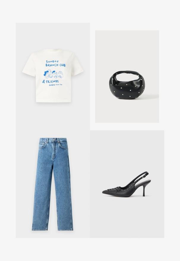 Hvid T-shirt med korte ærmer og blåt motiv af tre personer, der deler brunch, samt tekst "Sunday Brunch Club & Friends Sunday 9 AM - 3 PM."; Lysblå lige ben jeans lavet af denim, med høj talje, frontknaplukning og fem-lomme design med synlige sømme.; Sorte læder slingback stiletto med spids tå, side spændebånd, nitter langs kanten og dekorativ snøring foran.; Sort læderhåndtaske med en rundet form, dekoreret med sølvnitter, og et kort håndtag. Glat tekstur og lynlåslukning.
