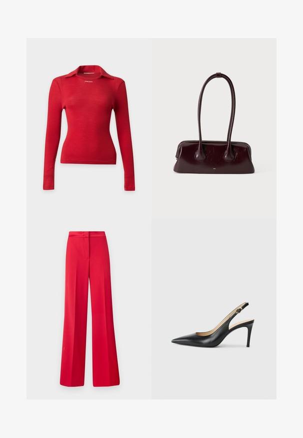 Haut rouge à manches longues en maille côtelée avec un petit col et une taille cintrée, affichant le texte "STINE GOYA" près de l'encolure.; Pantalons larges rouges avec une texture lisse, une taille plate et un design structuré, dotés de pinces à l'avant et d'une coupe ajustée.; Escarpins en cuir noir avec une pointe fine, une bride ajustable et un talon aiguille élégant, présentant une finition lisse.; Sac à main en cuir brun foncé brillant avec de longues anses fines et une base rectangulaire structurée sur un fond clair uni.