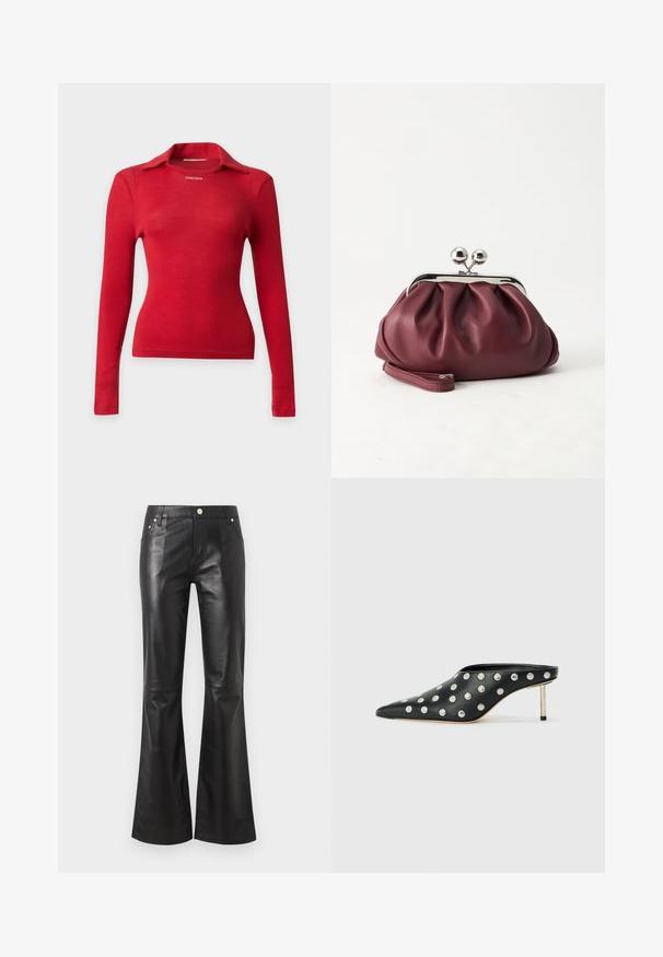 Haut rouge à manches longues en maille côtelée avec un petit col et une taille cintrée, affichant le texte "STINE GOYA" près de l'encolure.; Pantalon taille haute en simili cuir noir avec jambes évasées, fermeture devant par bouton et fermeture éclair, poches devant et derrière.; STAND STUDIO KELSEY - Mules à talons - black; Petit sac pochette en cuir bordeaux avec fermoir métallique argenté et bracelet sur fond blanc.