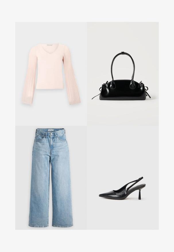 Top de manga larga rosa claro con escote en V y mangas acampanadas plisadas, mostrada sobre un fondo liso gris claro.; Vaqueros de pierna ancha de color azul claro con una cintura alta, confeccionados en tejido de denimbre. Presentan un diseño clásico de cinco bolsillos y herrajes metálicos.; Zapato de tacón alto negro de cuero con puntera afilada y tacón delgado sobre un fondo blanco.; Pequeño bolso negro brillante con dos asas largas y detalles de cordón lateral sobre un fondo claro liso.