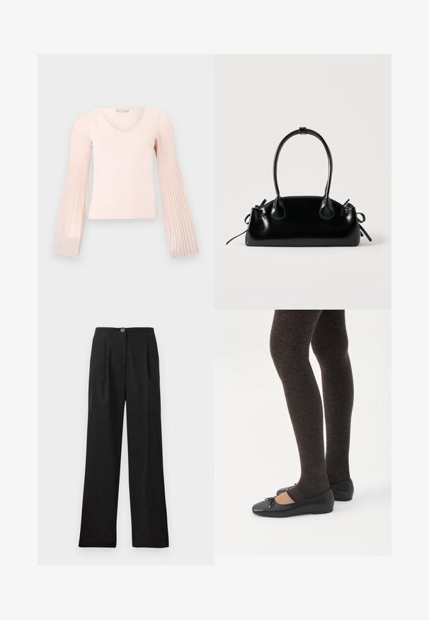 Haut rose clair à manches longues avec col en V et manches évasées plissées, présenté sur un fond gris clair uni.; Pantalons noirs taille haute en tissu lisse, avec des plis à l'avant, une fermeture à un bouton et des jambes larges. Pas de poches visibles.; Jambes portant des leggings côtelés foncés associés à des ballerines noires avec de petits détails en nœud sur fond blanc.; Petit sac à main noir brillant avec deux longues anses et des détails à cordon sur les côtés sur un fond clair uni.