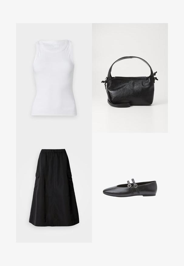 Hvid ribbet tanktop med rund halsudskæring og ærmeløs design. Materialet virker glat med en tætsiddende silhuet. Ingen synlige mønstre eller accenter.; Sort nederdel med en løs pasform, lavet af glat stof. Har en elastisk talje og to sidelommer. Midtlængde design.; Sorte læderballerinaer med spids tå, der har to remme med cirkulære spænder og en lav, flad sål. Glat tekstur over det hele.; Sort læderhåndtaske med et struktureret design, rund tophåndtag og aftagelig skulderrem. Den har en glat tekstur og en subtil glans.