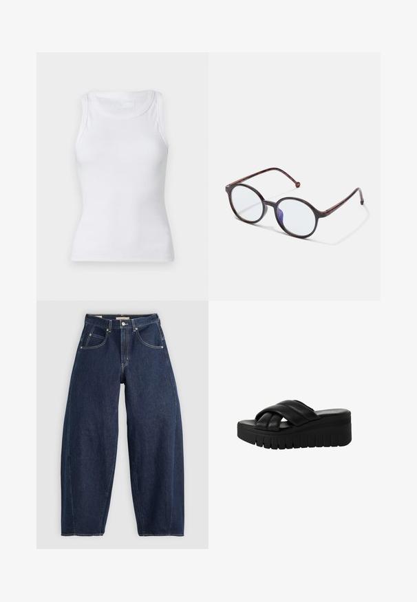 Hvid ribbet tanktop med rund halsudskæring og ærmeløs design. Materialet virker glat med en tætsiddende silhuet. Ingen synlige mønstre eller accenter.; Mørkeblå denim jeans med løs pasform, lyse syninger, fem lommer og en knaplukning ved taljen.; Sorte platform sandaler med krydset remme lavet af glat læder, der har en tykkere struktureret sål og en let afrundet tå.; Runde skildpaddebrune brilleindramninger med klare linser og en subtil blå lysrefleksion på en hvid baggrund.